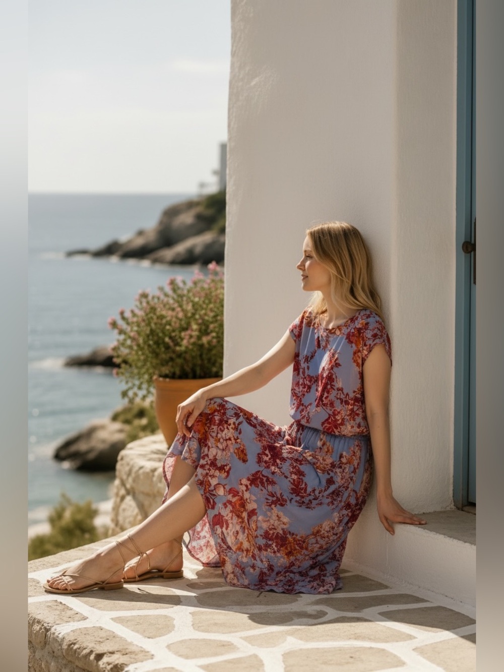 Soma - Light Blue Midi Dress with Pink Floral Print